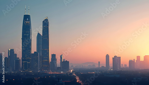 A minimalist urban cityscape at dawn, featuring tall skyscrapers with a modern design
