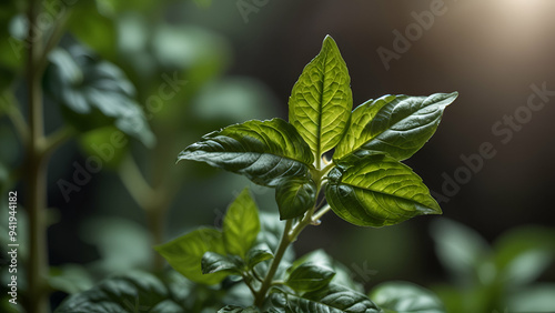 Close-up of basil leaf showing signs of phosphorus deficiency, blurred background