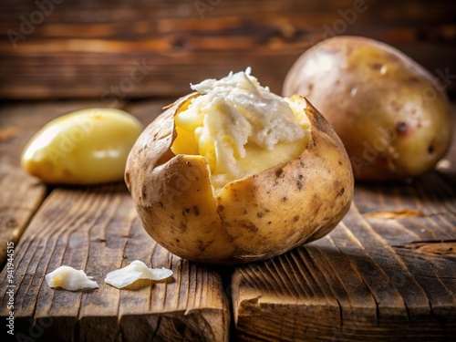 Freshly washed potato partially peeled revealing creamy white flesh, with remnants of brown skin curled back, against a clean and rustic wooden kitchen background.