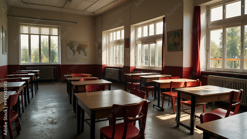 Empty classroom with red chairs and wooden tables Empty classroom with red chairs and wooden tables