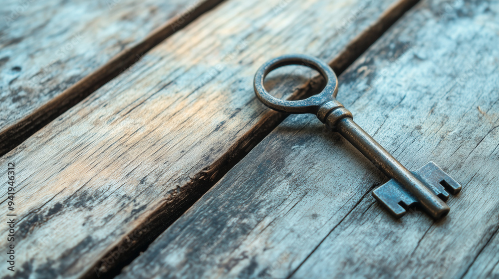 Antique Key on Rustic Wooden Surface with Soft Shadows Antique Key on Rustic Wooden Surface with Soft Shadows