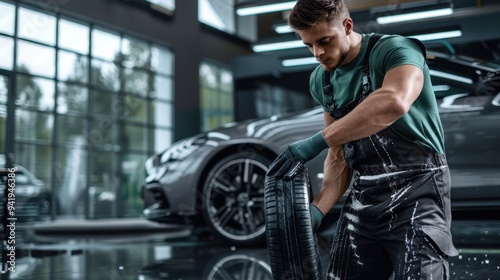 The mechanic handling tires photo