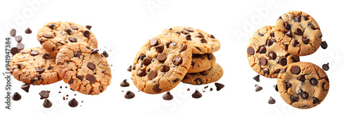 Set of cookies with chocolate chips, isolated on a transparent background