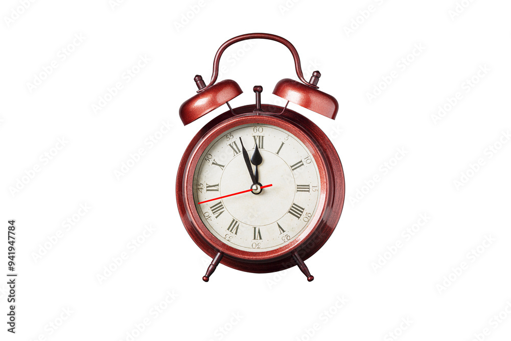 retro clock, pointer clock, brown color alarm clock on isolated white background close up retro clock, pointer clock, brown color alarm clock on isolated white background close up