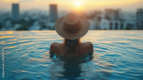 A woman relaxing in an infinity rooftop pool. She is wearing a stylish wide-brimmed hat, gazing at the expansive cityscape before her.