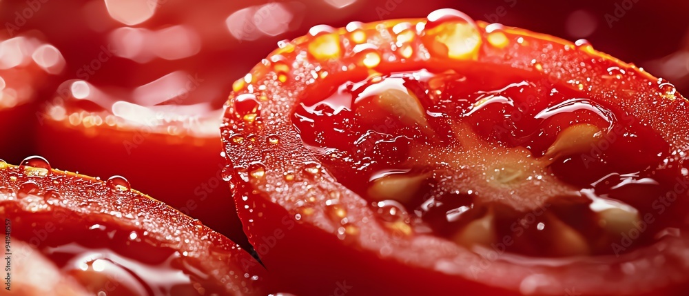 Juicy tomato slice with droplets of water, the seeds glistening, detailed close-up, vibrant red tones, fresh and ripe Juicy tomato slice with droplets of water, the seeds glistening, detailed close-up, vibrant red tones, fresh and ripe