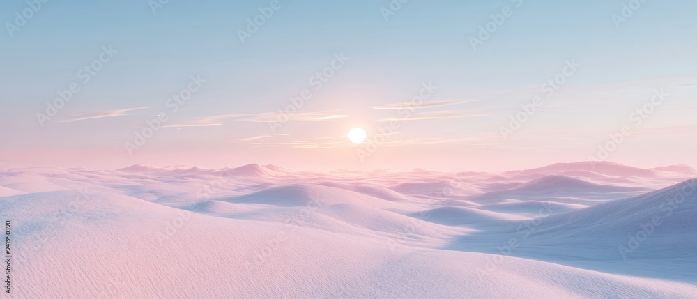 A beautiful, serene, and peaceful scene of a snowy landscape with a pink A beautiful, serene, and peaceful scene of a snowy landscape with a pink