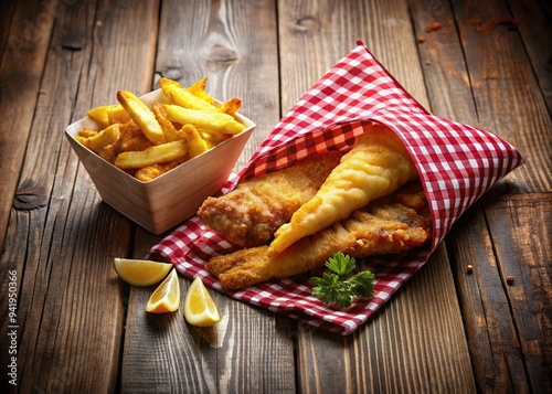 Golden battered fish and crispy chips overflowing from a red-and-white checked paper cone against a rustic wooden background, evoking a seaside culinary delight. photo