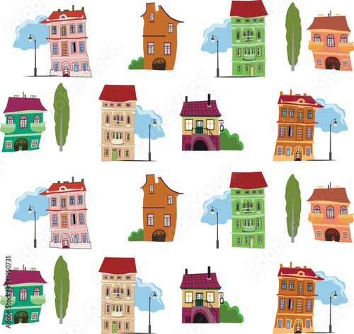 vector illustration. Houses and landscape. Pattern. Can be used for postcard, gift wrap, book, website