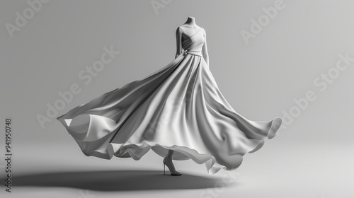 White dress with flowing skirt on a mannequin.