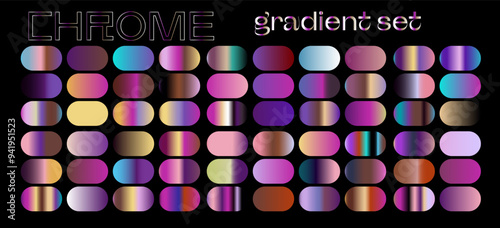 Chrome gradients of holographic colors for vector art and design. Retrowave style palette.