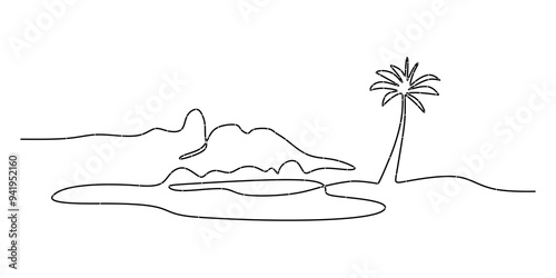 Abstract tropical landscape continuous one line art with mountains, sea, coconut and palm tree