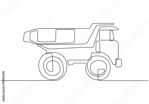 Mining Dump Truck One Line Illustration. Heavy-duty vehicle drawing for coal and mining transportation.