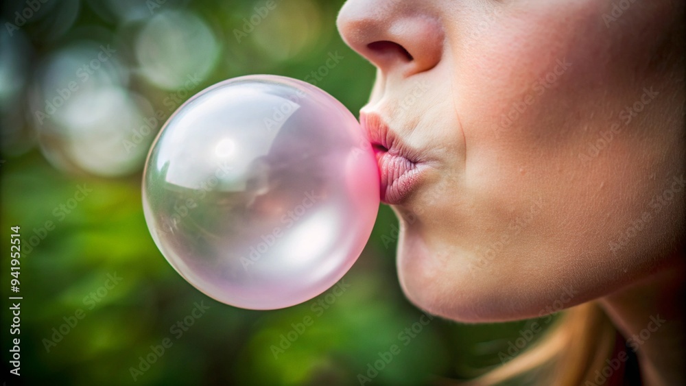 Woman blowing bubble with pink gum, close-up, outdoors Woman blowing bubble with pink gum, close-up, outdoors