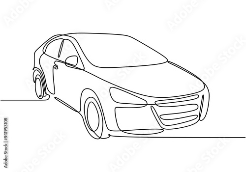 Electric Sedan Line Drawing. Single line art of a sedan car, isolated on white.
