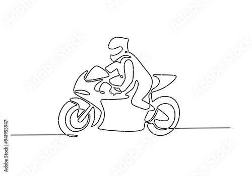 Motorcycle Rider Minimalist Line Art. Simple one-line drawing of a rider on a sport motorcycle, ideal for biking themes. photo