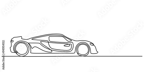Supercar One Line Art. Minimalist drawing of a sport car, featuring electric vehicle design.