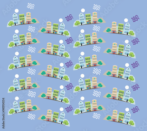 vector illustration. Houses and landscape. Pattern. Can be used for postcard, gift wrap, book, website
