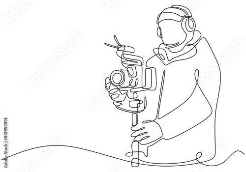 Continuous line art of a videographer filming, vector illustration.