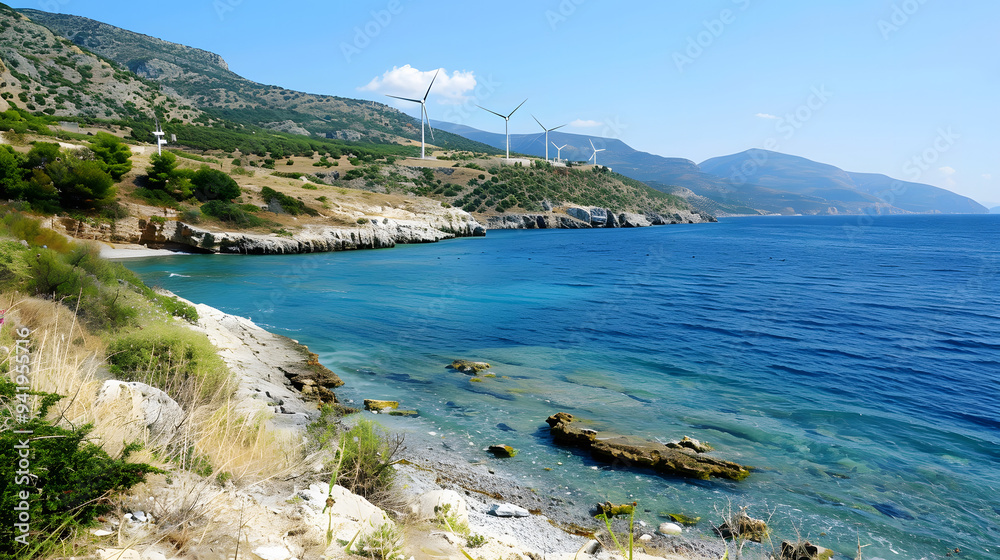 Peaceful Coastline with Wave Energy Converters and Clear Blue Ocean, Symbolizing Renewable Energy Harnessing and Marine Conservation. Peaceful Coastline with Wave Energy Converters and Clear Blue Ocean, Symbolizing Renewable Energy Harnessing and Marine Conservation.