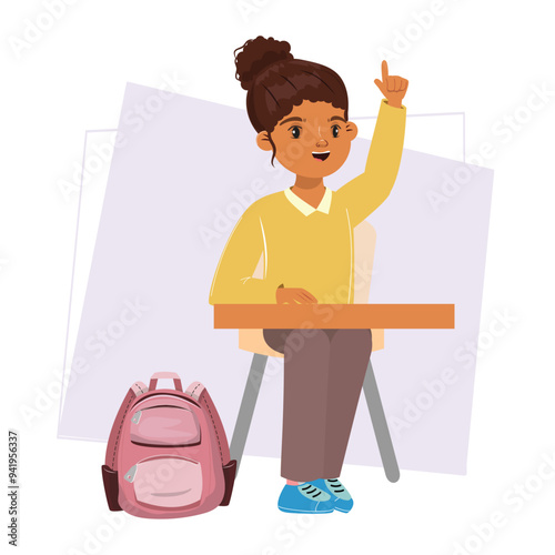 Enthusiastic girl participating in class, raising her hand, pink backpack next to her on the floor