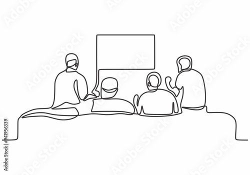 Four Men Watching TV. Continuous Line Drawing. Minimalist Art.