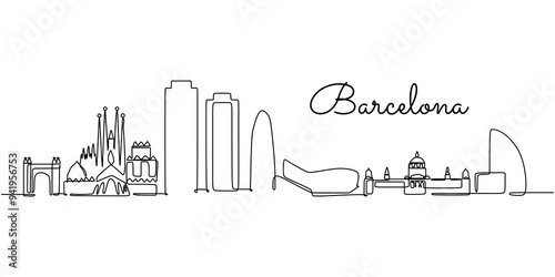 One continuous line drawing of Barcelona skyline illustration. Modern city in Europe in simple style