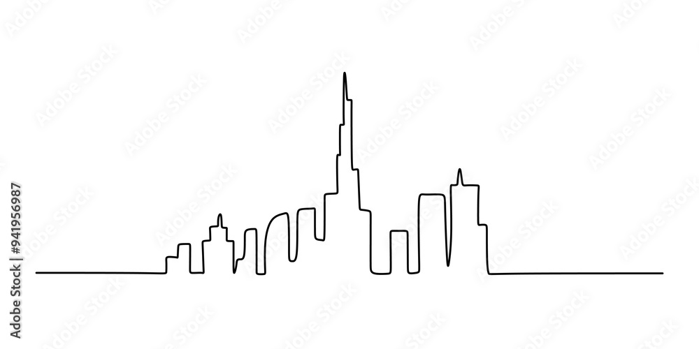 Obraz premium One continuous line drawing of Dubai city skyline United Arab Emirates. Beautiful city landmark.