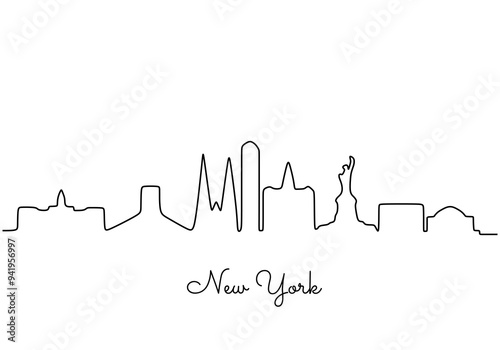 One single line drawing New York city skyline United States. Historical town landscape in world.
