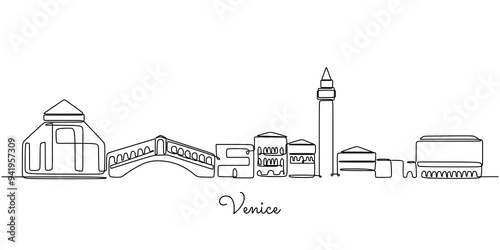 Single one line drawing Venice city skyline, Italy. City concept Continuous line draw design vector.