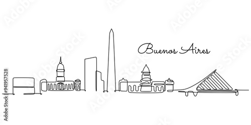 One continuous line drawing of Buenos Aires skyline vector illustration Modern city in South America