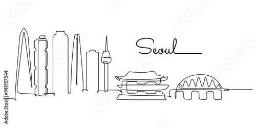 One continuous line drawing of Seoul city skyline, South Korea. Beautiful landmark home decor poster