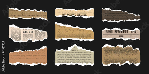 Set of old Newspaper and vintage Letter sheet for Scrapbook. Collage craft ragged elements pieces. Trendy vector abstract grunge pages. Paper with torn edges and illegible font