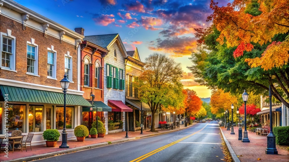 Obraz premium Historic downtown Franklin, Tennessee, USA, scenic morning scene featuring charming Main Street, boutique shops, and colonial-style buildings surrounded by lush greenery and vibrant autumn foliage.