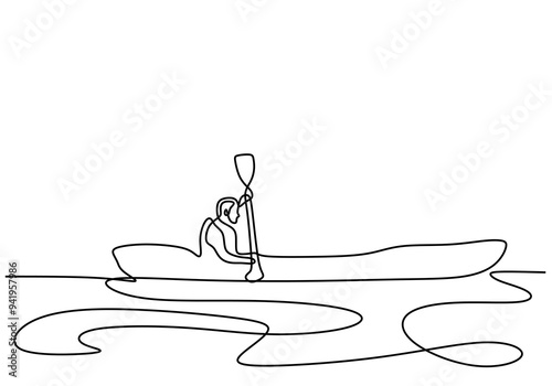 One Line Drawing of Man Kayaking. Continuous Art of Boat Sport.