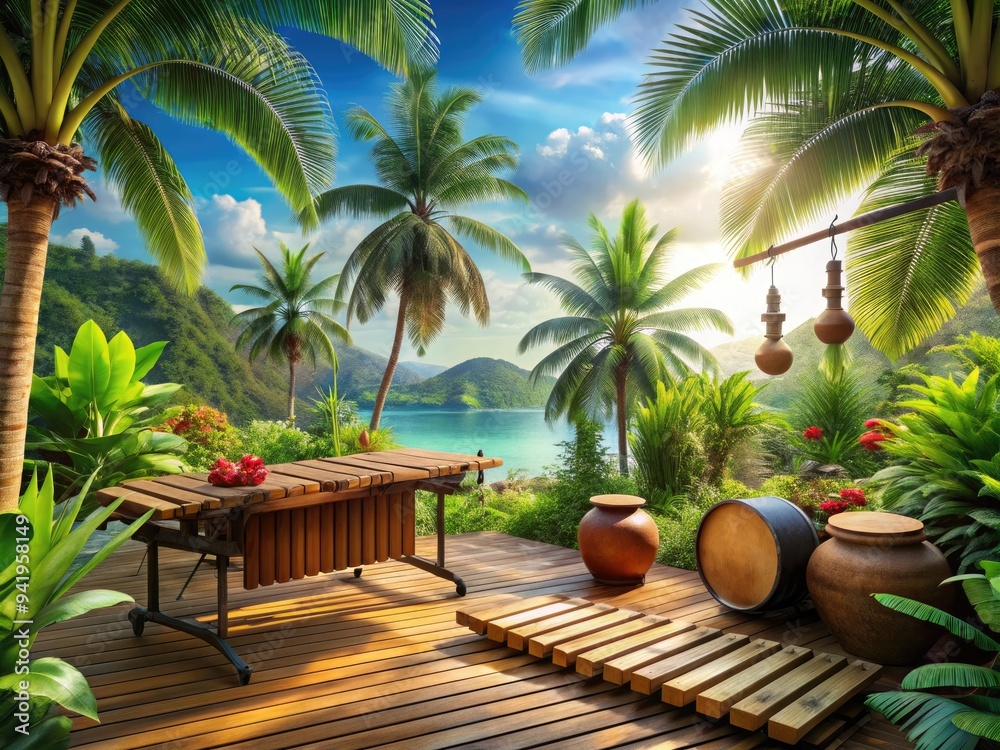 Fototapeta premium Tropical House Oasis: Beachy vibes, Exotic rhythms, Marimba melodies, Chilled beats.