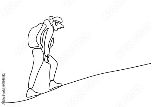 Single Line Drawing of Backpacker Hiking. Outdoor Adventure Art.