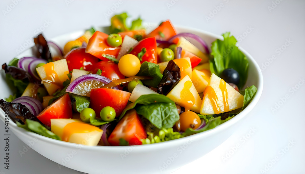 A fresh vegetable salad served in a white bowl, featuring vibrant colors and crisp textures. The healthy mix of ingredients creates a refreshing and appetizing dish, perfect for any meal. A fresh vegetable salad served in a white bowl, featuring vibrant colors and crisp textures. The healthy mix of ingredients creates a refreshing and appetizing dish, perfect for any meal.