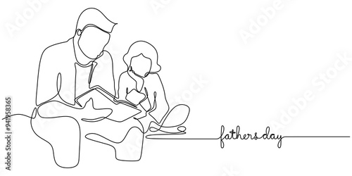 Continuous Stroke Art Father Child Reading Time