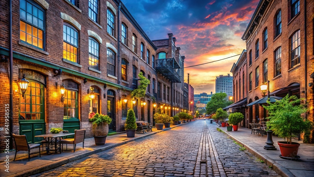 Fototapeta premium Historic industrial area with old brick buildings, cobblestone streets, and trendy bars, capturing the vibrant essence of a revitalized urban neighborhood at dusk.