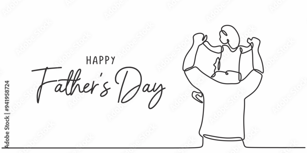 Father carrying child, single line art, minimalist Father’s Day vector.