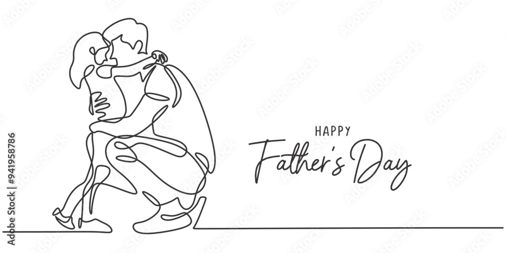 Warm hug between father and child, single line art, minimalist on white. Warm hug between father and child, single line art, minimalist on white.
