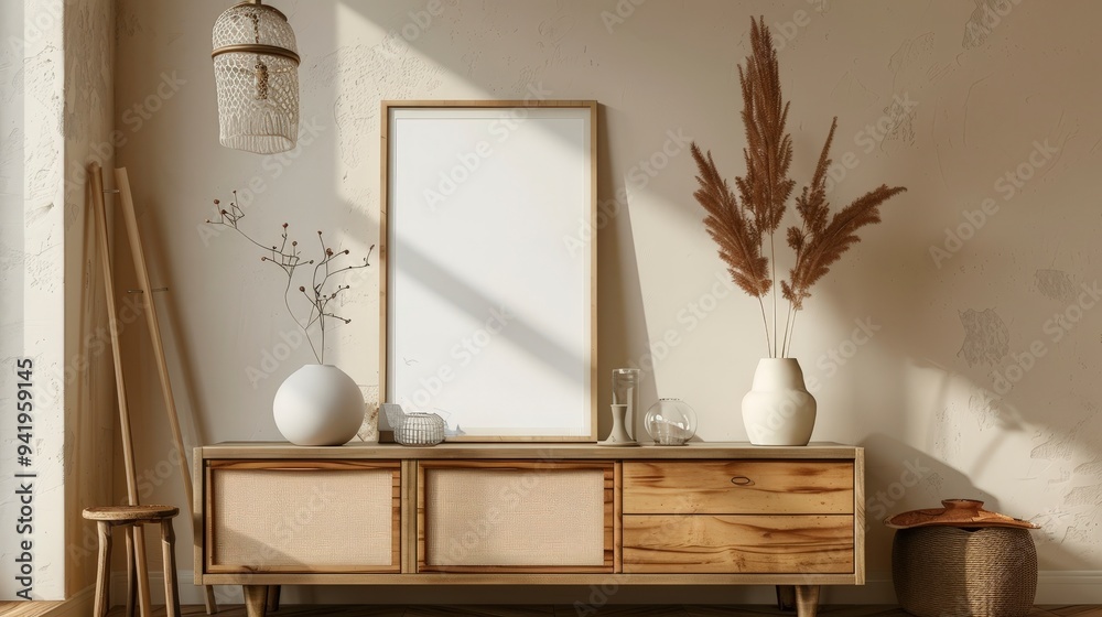 A minimalist interior scene featuring a wooden sideboard with decorative elements. A minimalist interior scene featuring a wooden sideboard with decorative elements.