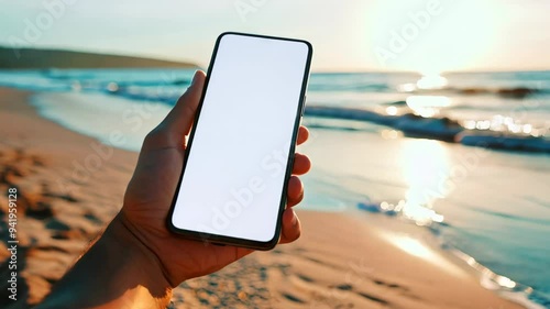POV hand holding smartphone with blank white screen on a beach background at sunset