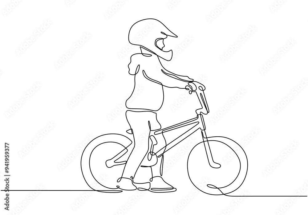 Child biking with a helmet for safety, continuous line drawing, vector art. Child biking with a helmet for safety, continuous line drawing, vector art.