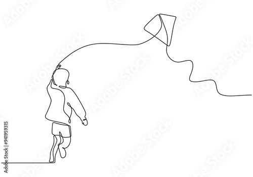 Child flying a kite in the field, continuous line drawing, vector illustration.