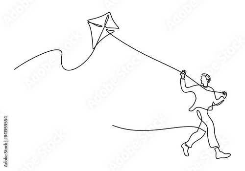 Man flying a kite in the park, continuous line art, happy activity, vector.