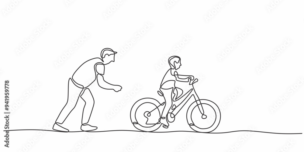 Parents enjoying a bike ride with their child, continuous line drawing, outdoor fun. Parents enjoying a bike ride with their child, continuous line drawing, outdoor fun.