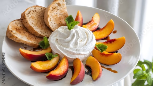 A summer dish whipped ricotta on a modern white plate juicy roasted peach wedges. Toasted pitta slices fan out beside the ricotta. fresh mint leaves a fresh and seasonal vibe.  photo