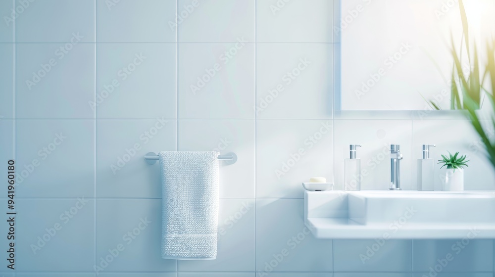 Fototapeta premium A white bathroom with a large bathtub and a potted plant